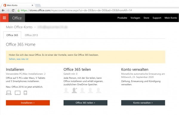 Office 365 Update auf Office 2016 manuell starten