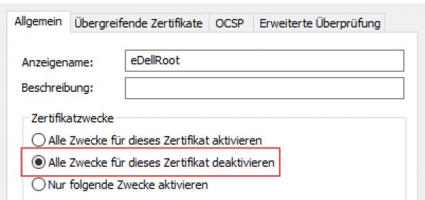 eDellRoot Zertifikat - deaktivieren