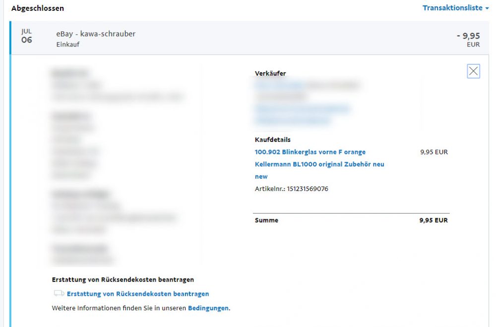 PayPal übernimmt Kosten für die Rücksendung